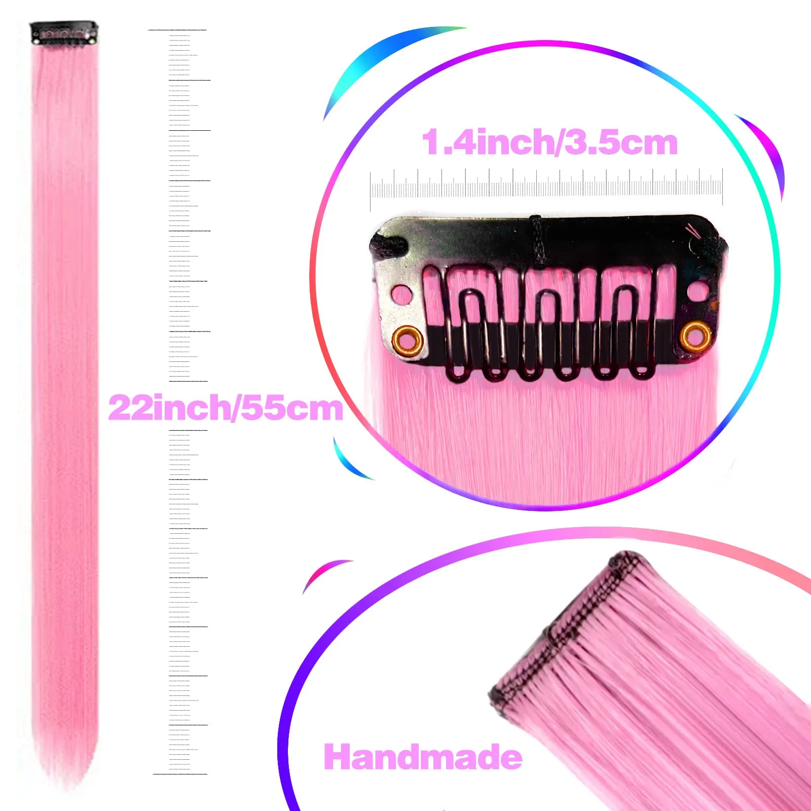 12 PCS Pink Hair Extensions Clip in, Colored Party Highlights Extension for Kids Girls Synthetic Hairpiece Straight 22 inch