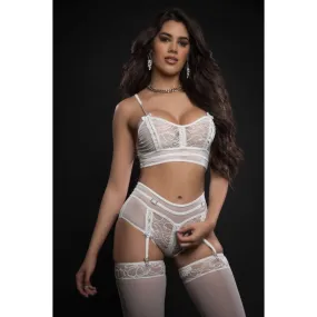 3pc Zippered Bustier Top and Garter Boyshort With  Stockings - One Size - White