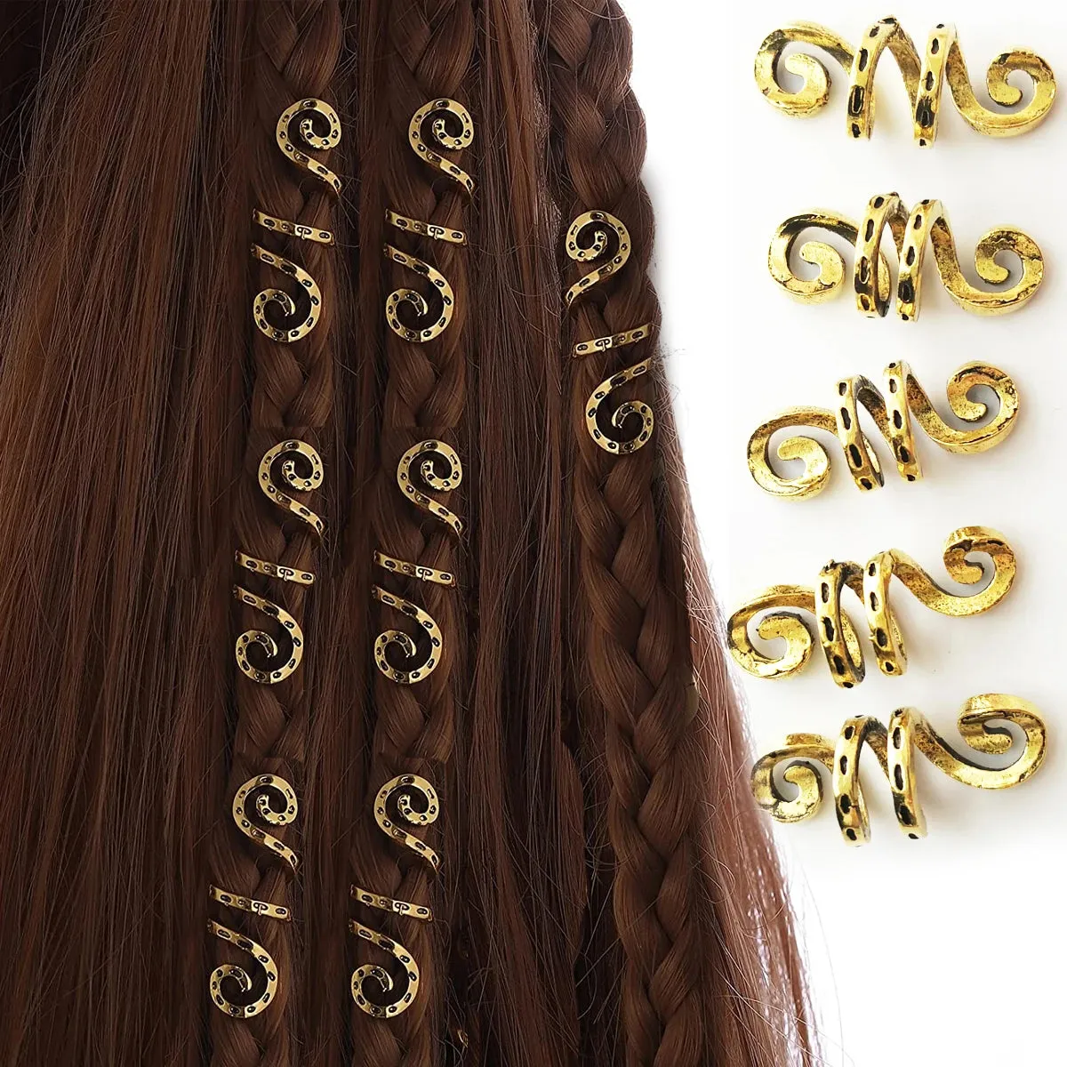 5Pcs/Pack Golden Silver Viking Spiral Charms Hair Braid Dread Dreadlock Beads Clips Cuffs Rings Jewelry Accessories