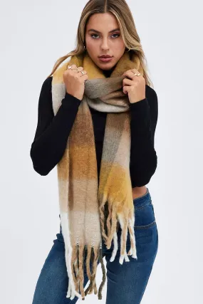 Beige Check Chunky Fluffy Tassel Scarf