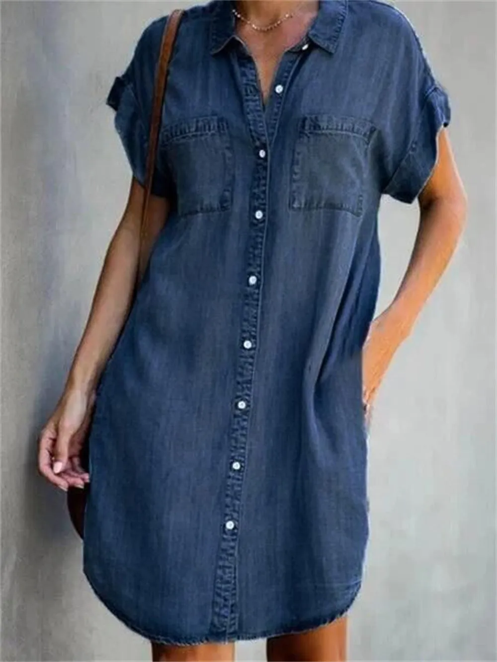 Chic Women's Short Sleeve Slim Denim Midi Dress – Stylish Streetwear with Square Collar