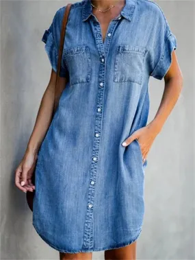 Chic Women's Short Sleeve Slim Denim Midi Dress – Stylish Streetwear with Square Collar