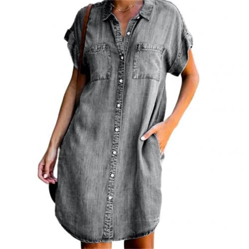 Chic Women's Short Sleeve Slim Denim Midi Dress – Stylish Streetwear with Square Collar