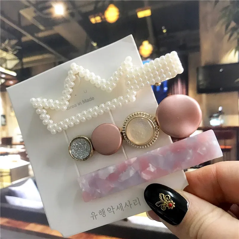 deanwangkt 3PCS/Set Korean Acrylic Hair Clips For Women Hair Accessories Fashion Jewelry Simulated Pearl Hairpins Geometric Gold Barrettes