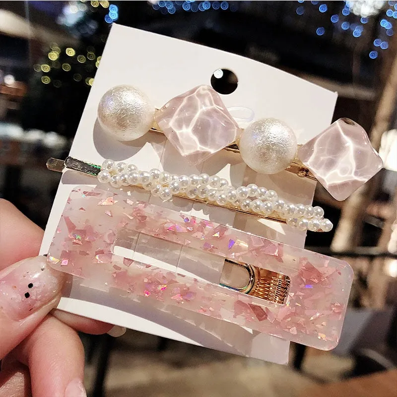 deanwangkt 3PCS/Set Korean Acrylic Hair Clips For Women Hair Accessories Fashion Jewelry Simulated Pearl Hairpins Geometric Gold Barrettes