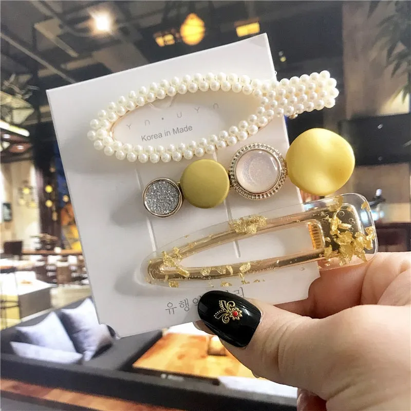 deanwangkt 3PCS/Set Korean Acrylic Hair Clips For Women Hair Accessories Fashion Jewelry Simulated Pearl Hairpins Geometric Gold Barrettes