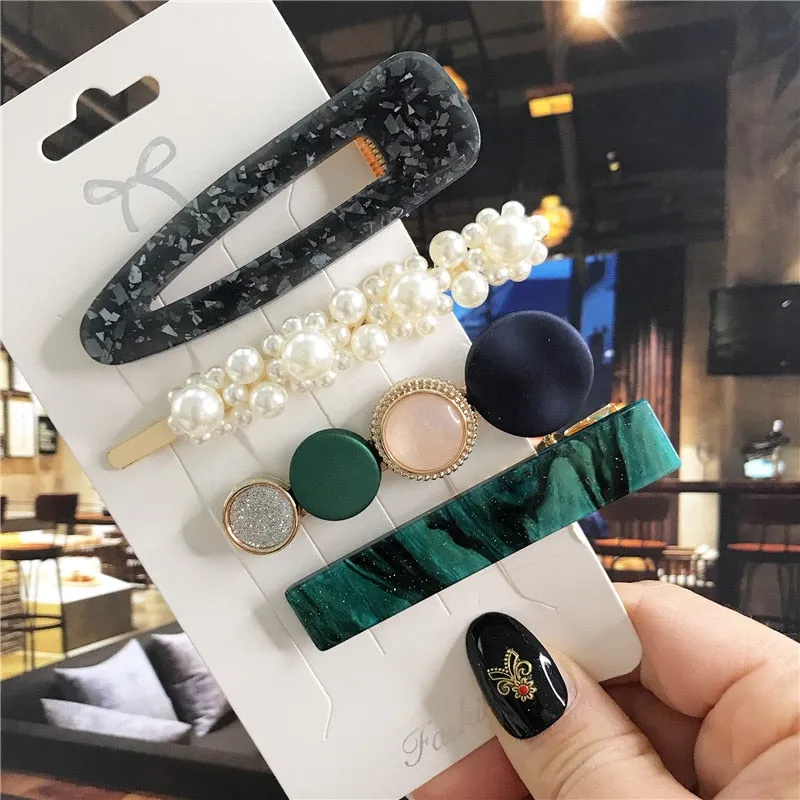 deanwangkt 3PCS/Set Korean Acrylic Hair Clips For Women Hair Accessories Fashion Jewelry Simulated Pearl Hairpins Geometric Gold Barrettes