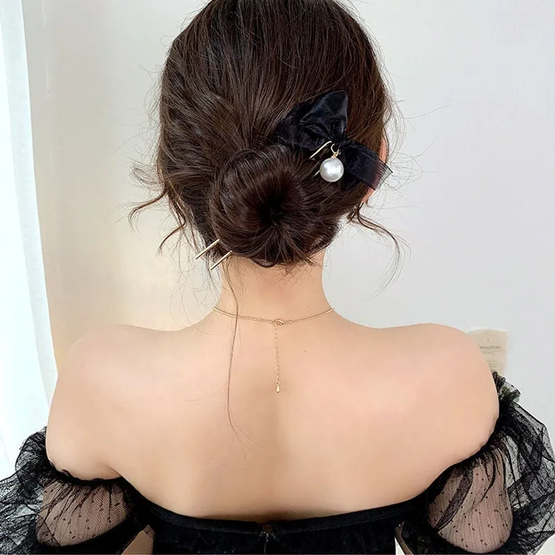 deanwangkt Fashion Big Pearl Lace Ribbon Bow Hair Sticks For Women Hair Accessories Korean U Metal Ponytail Holder Simple Hairpin Headwear