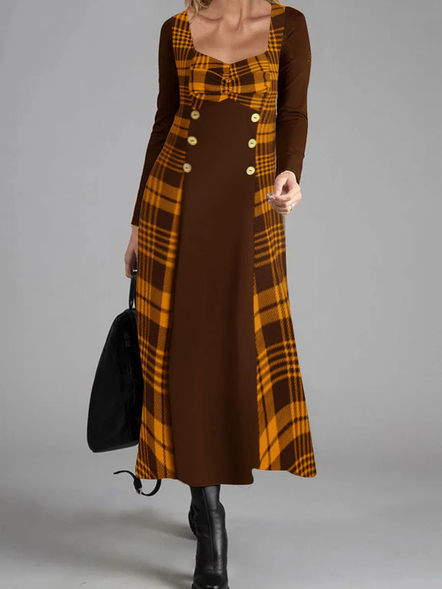 Elegant Button Plaid Square Collar Dress