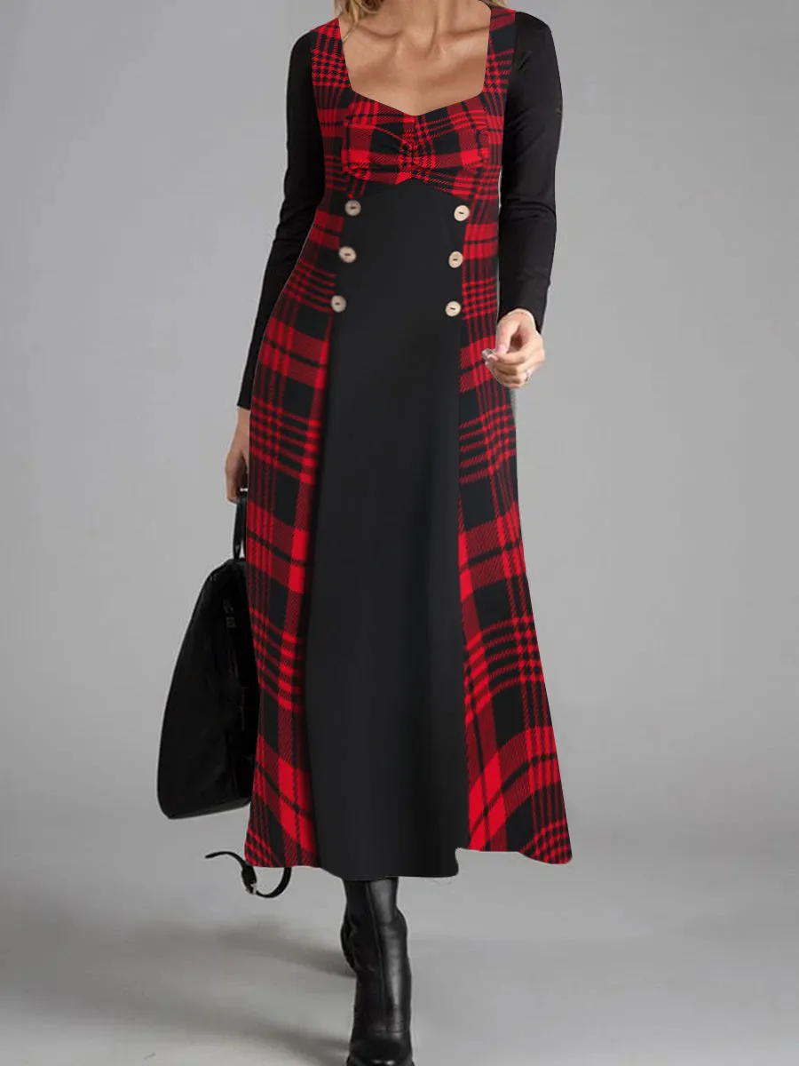 Elegant Button Plaid Square Collar Dress