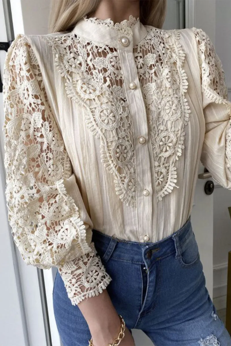 Elegant Solid Lace Mandarin Collar Tops