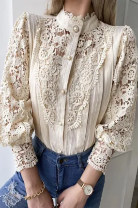 Elegant Solid Lace Mandarin Collar Tops