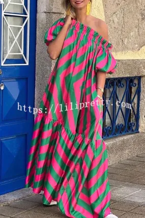 Exquisite Striped Patchwork Bell Sleeve Pocket Maxi Dress