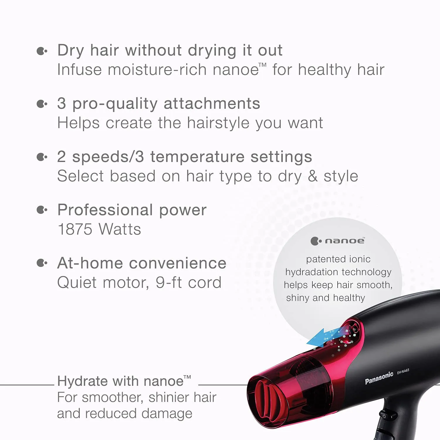 Panasonic Nanoe Hair Dryer, 1875 Watt Professional Blow Dryer for Smooth, Shiny Hair with 3 Attachments Quick Dry Nozzle, Diffuser and Concentrator Nozzle - EH-NA65-K (Black/Pink), Black