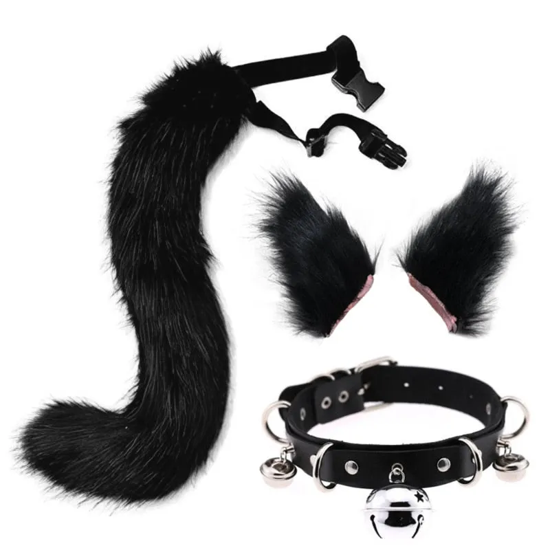 Plush Cat Ears Hair Clip Furry Wolf Tail with Faux Leather Bell Neck Choker Necklace Set Anime Animal Cosplay Costume