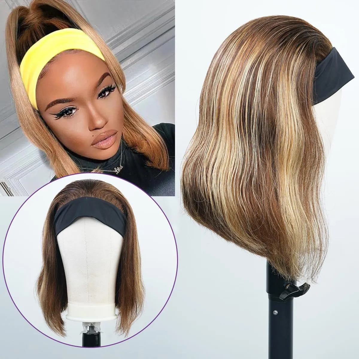 Short Straight Bob Headband Wigs Human Hair 12Inch Ombre Brown Honey Blonde Wigs Headband Human Hair Highlight Human Hair Wigs for Black Women 150% Density