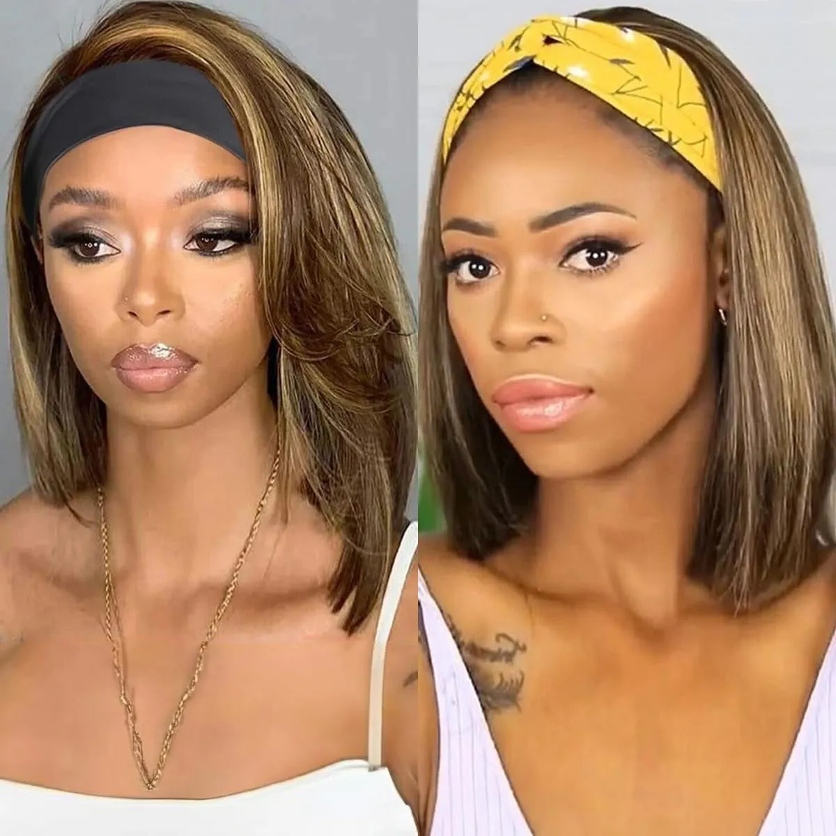 Short Straight Bob Headband Wigs Human Hair 12Inch Ombre Brown Honey Blonde Wigs Headband Human Hair Highlight Human Hair Wigs for Black Women 150% Density