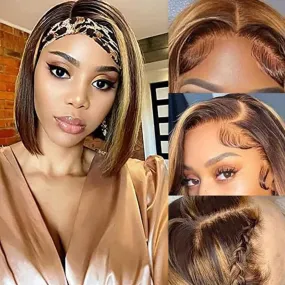 Short Straight Bob Headband Wigs Human Hair 12Inch Ombre Brown Honey Blonde Wigs Headband Human Hair Highlight Human Hair Wigs for Black Women 150% Density