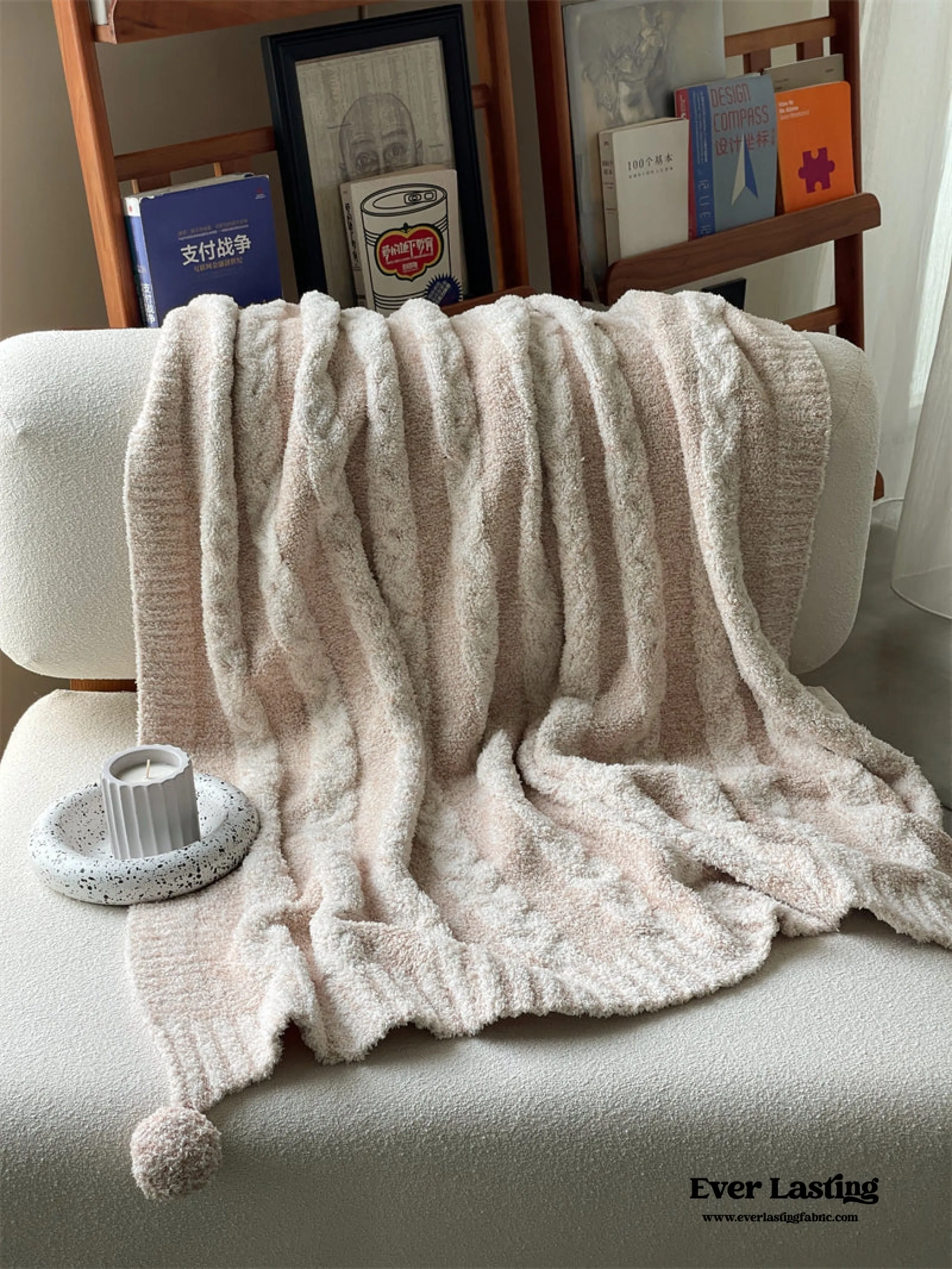 Striped Pom Pom Fluffy Blanket / Pink   White