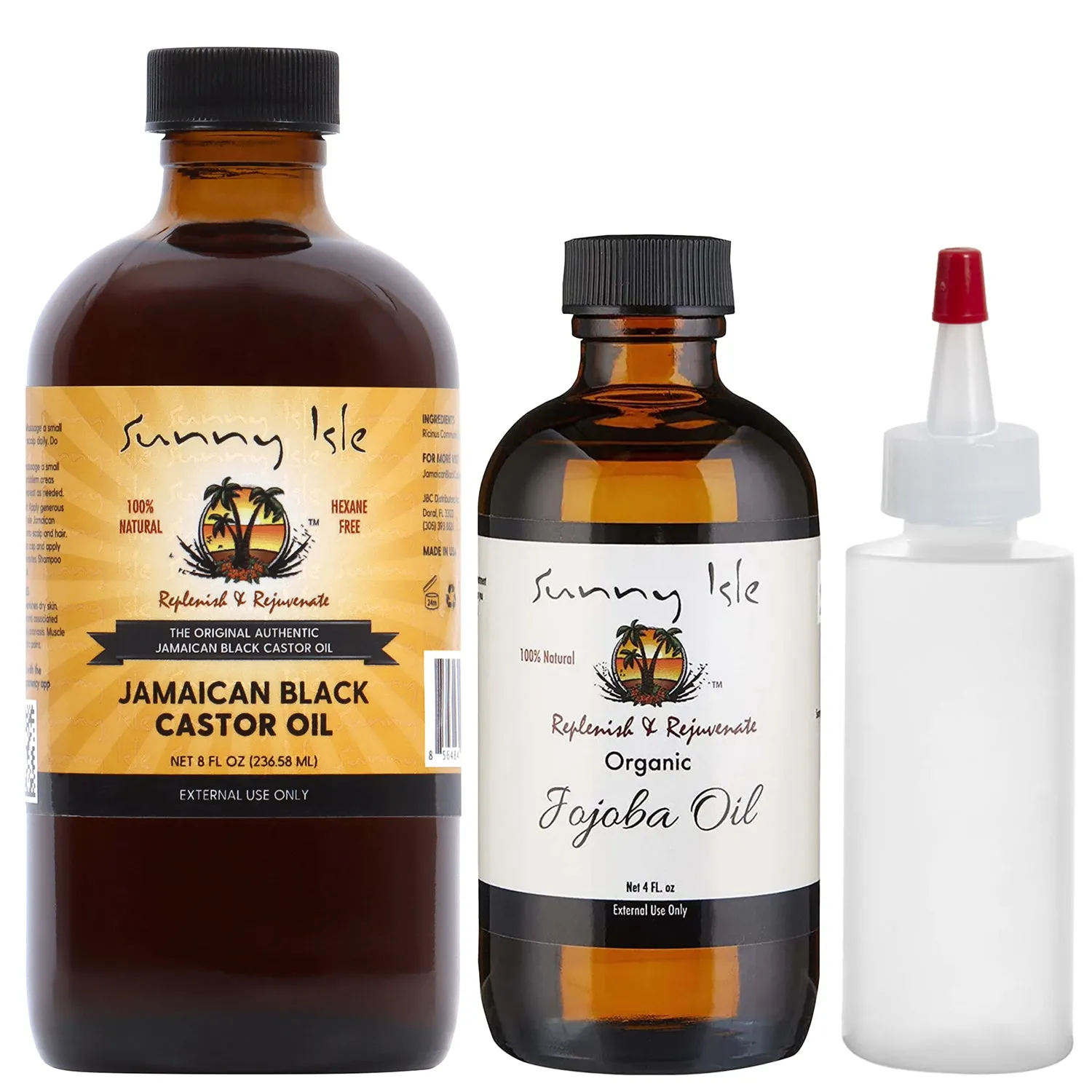 Sunny Isle Jamaican Black Castor Oil 8oz, Jojoba Oil 4oz and No Mess Applicator Bundle