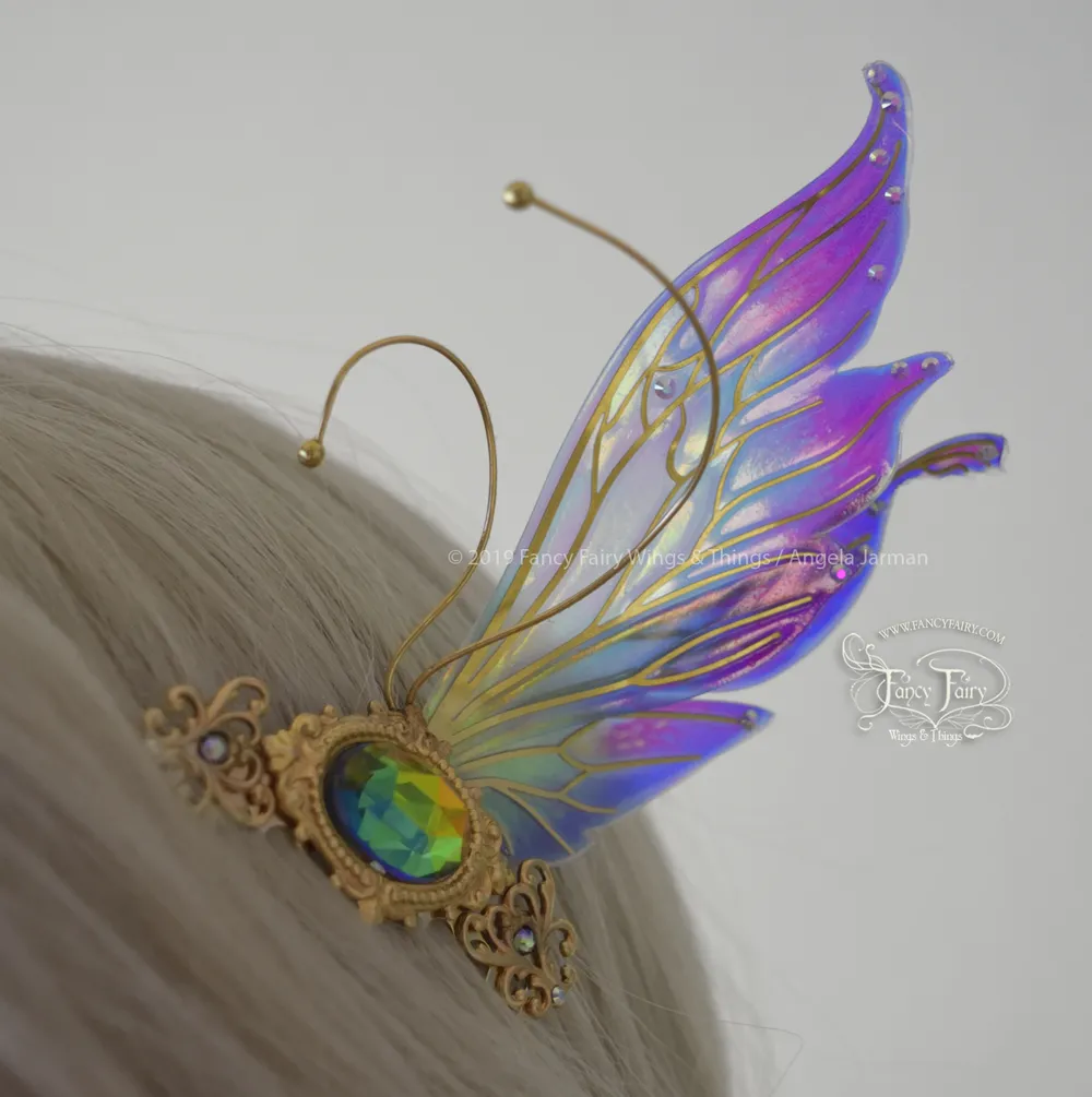 Vivienne 3 and 1/2 inch "Blue Orchid" Fairy Wing Hair Combs with Brass Veins