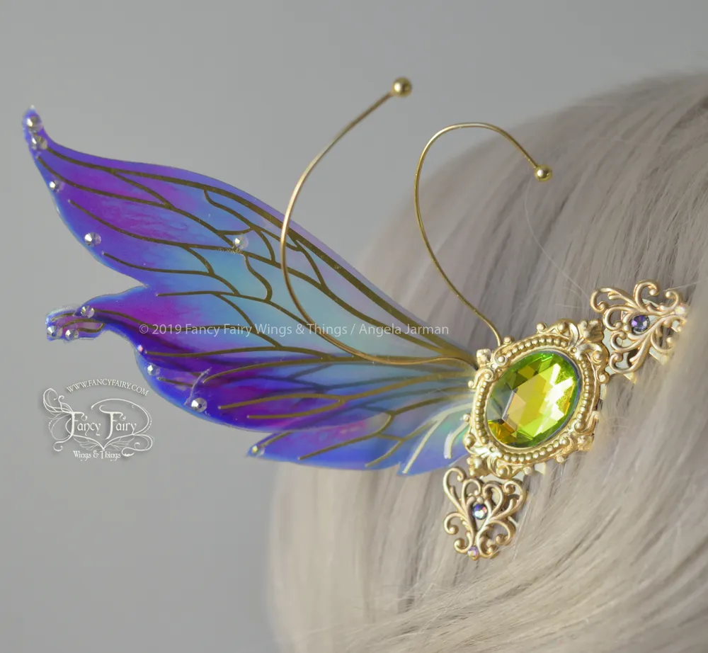 Vivienne 3 and 1/2 inch "Blue Orchid" Fairy Wing Hair Combs with Brass Veins